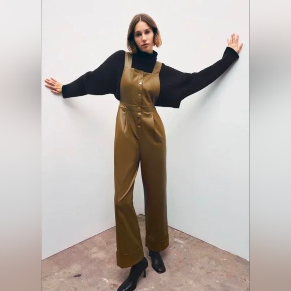 Zara Faux Leather Long Jumpsuit in Khaki With Front Gold Snap Button Sz S